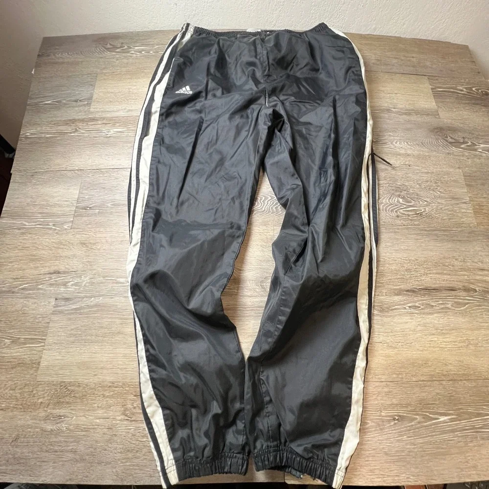 Adidas Track Pants Mens Large Black White 3 Stripe Vintage Windbreaker Joggers